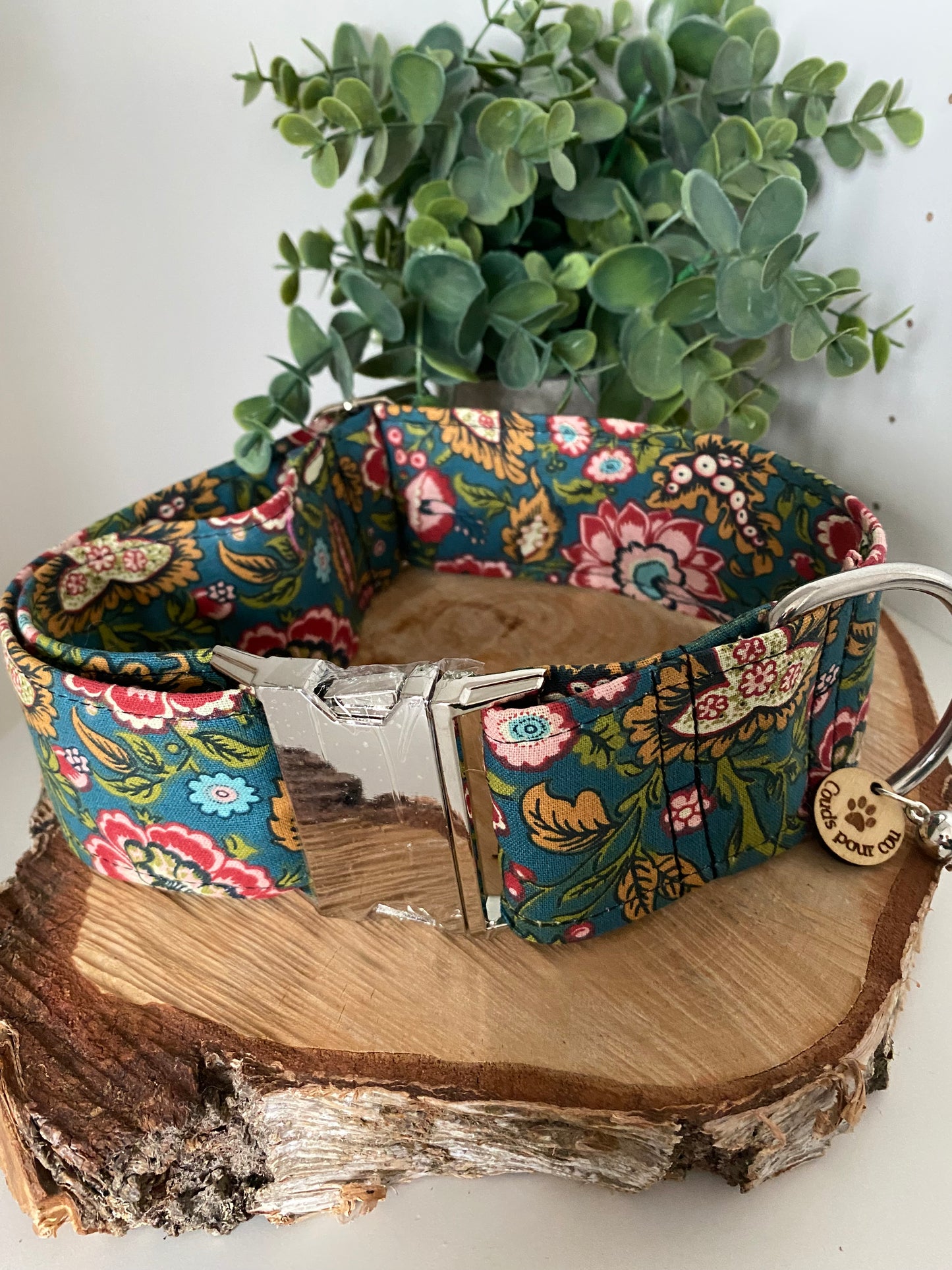Collier pour chien en tissu – Floral Indien Bleu Paon