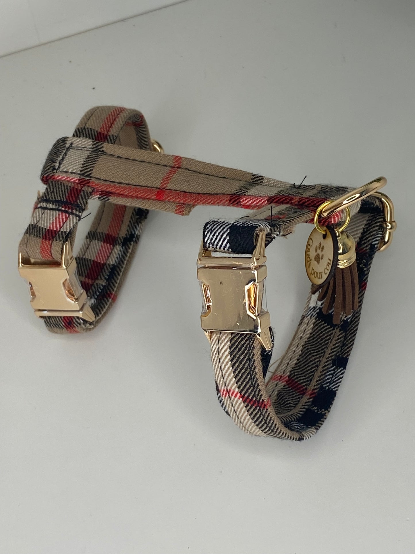 harnais claude pour chat ou petits chiens tissu tartan camel