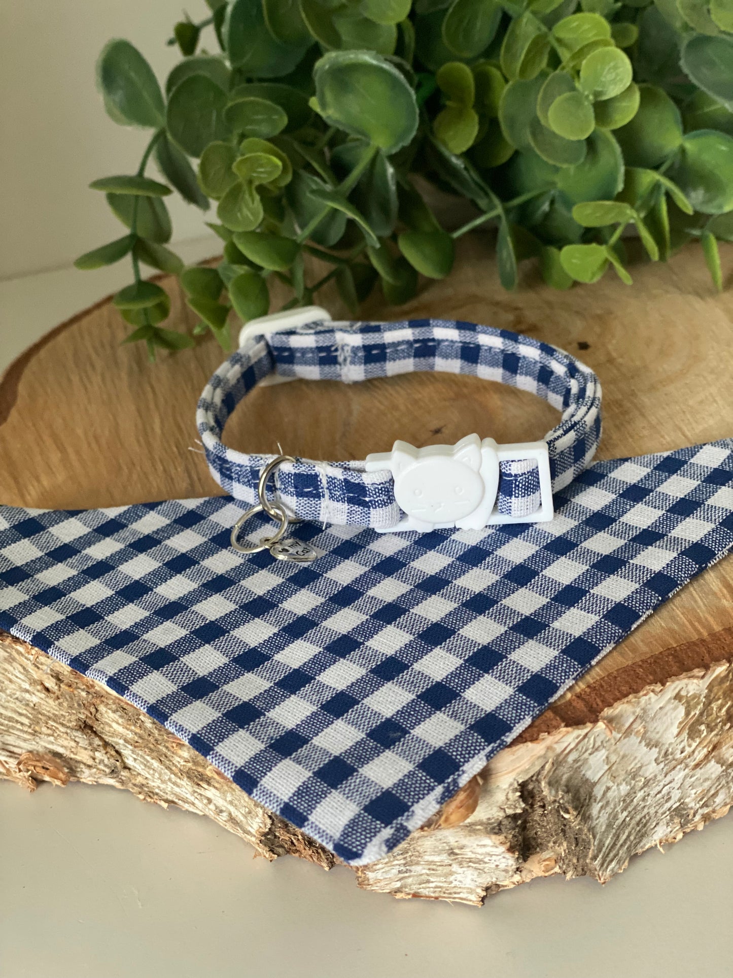 Collier Anti Etranglement Fait Main avec Bandana Assorti - vichy bleu
