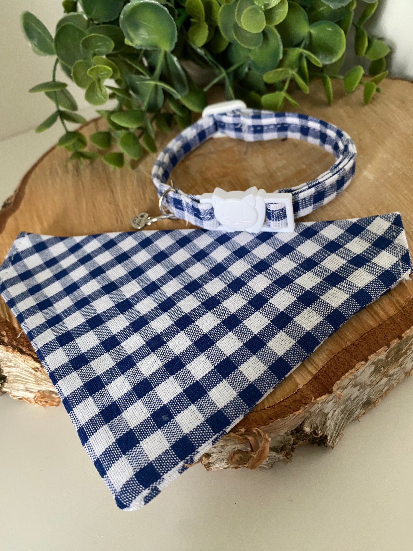 Collier Anti Etranglement Fait Main avec Bandana Assorti - vichy bleu