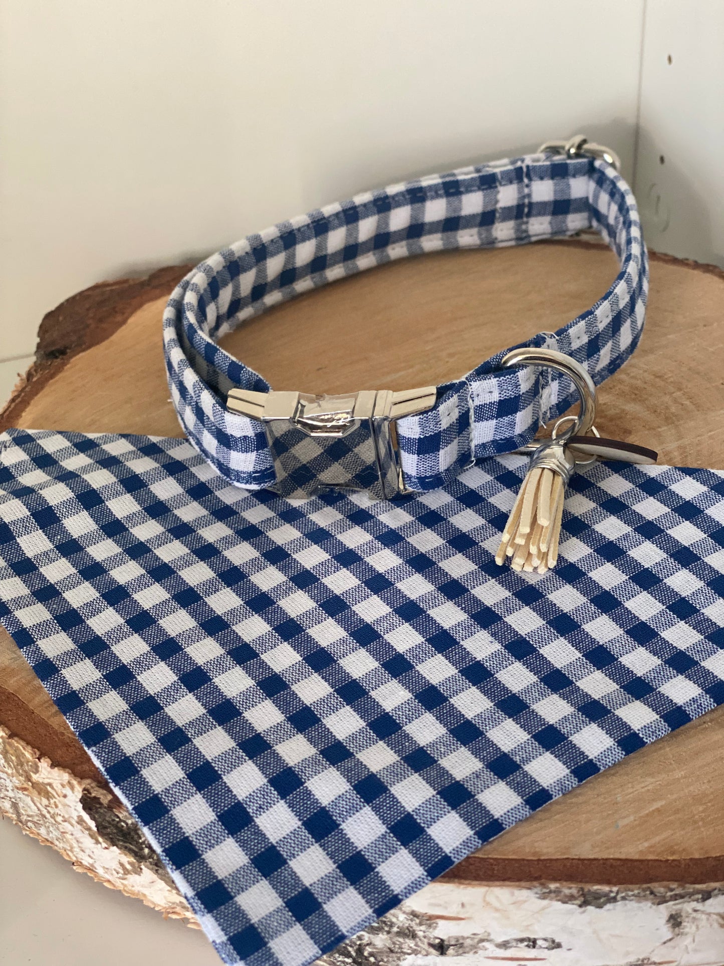 Collier en tissu et sangle pour chien – Réglable et personnalisable collection vichy bleu