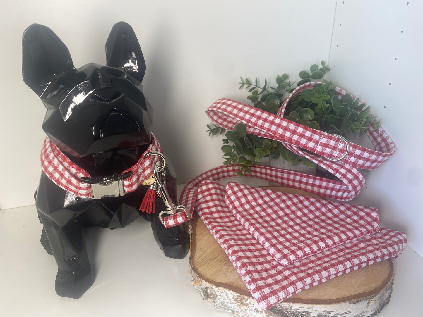 Collier en tissu et sangle pour chien – Réglable et personnalisable collection vichy rouge