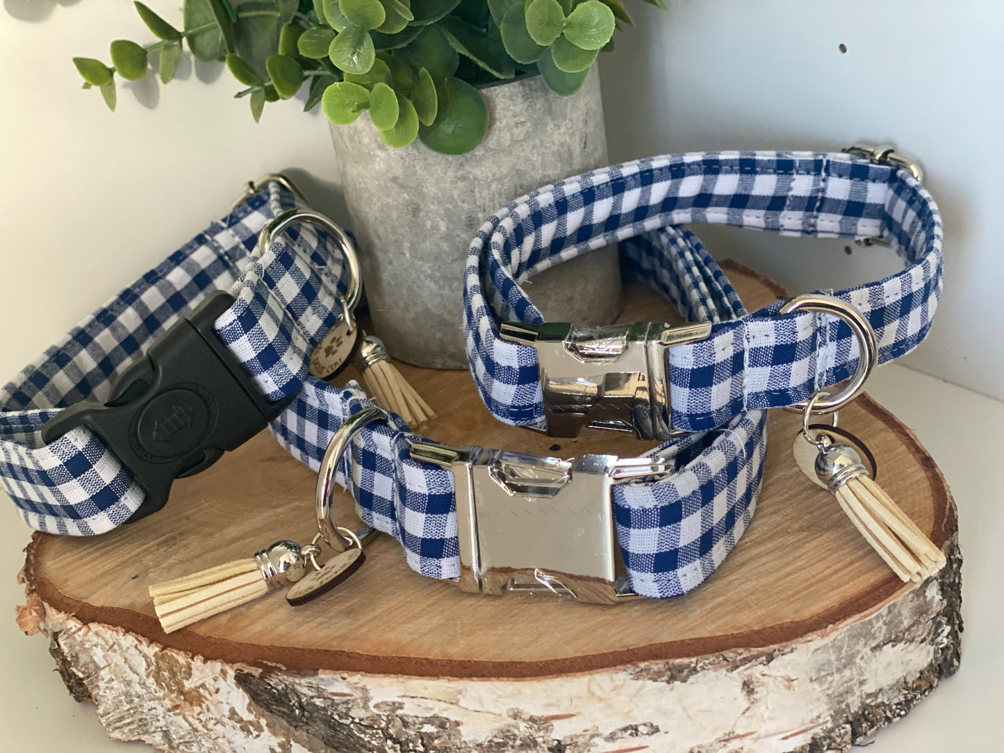 Collier en tissu et sangle pour chien – Réglable et personnalisable collection vichy bleu