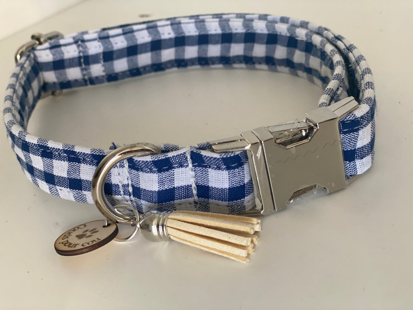 Collier en tissu et sangle pour chien – Réglable et personnalisable collection vichy bleu