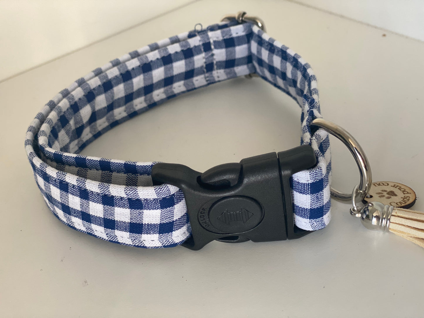 Collier en tissu et sangle pour chien – Réglable et personnalisable collection vichy bleu
