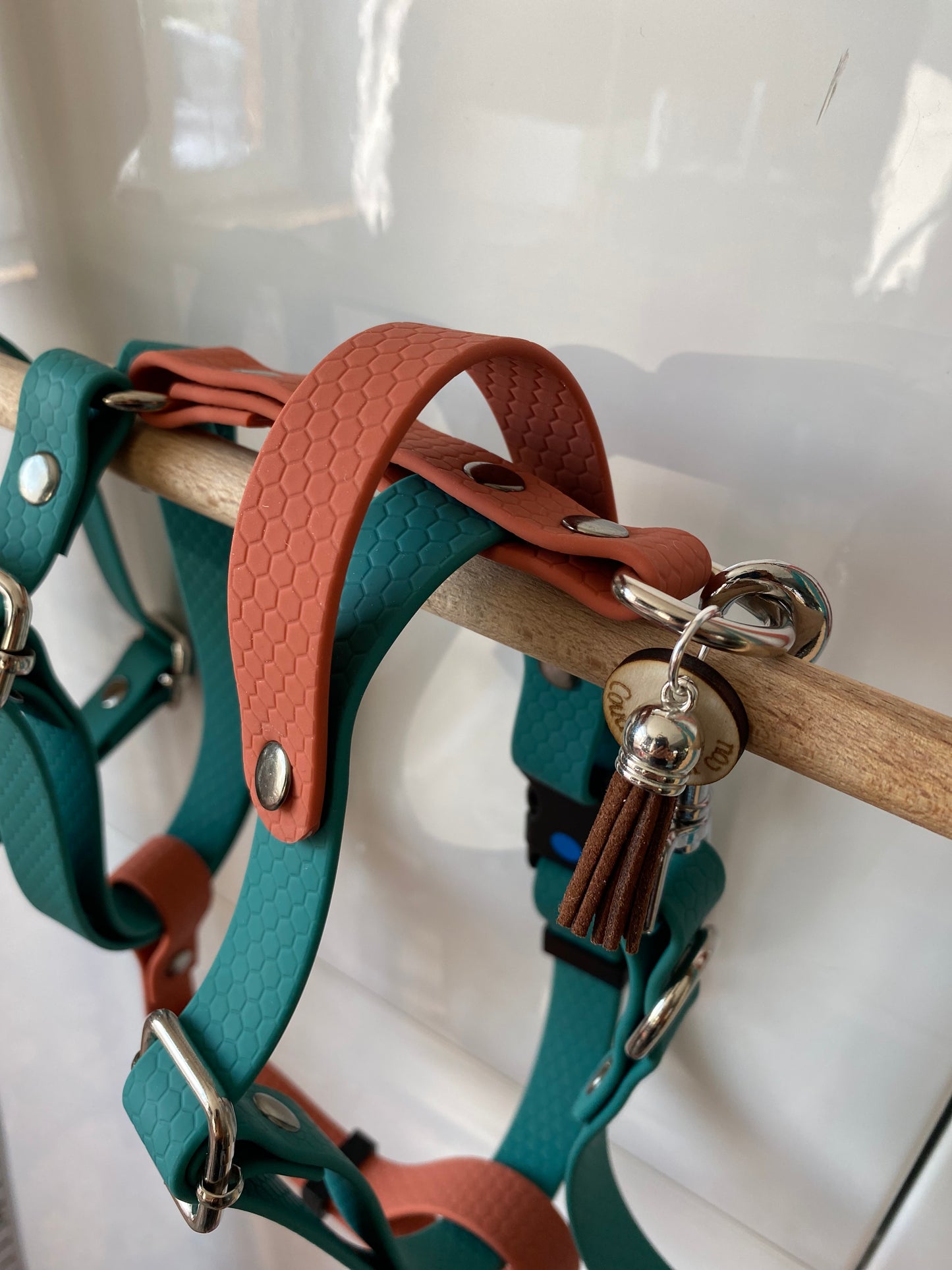 Harnais en H ajustable et imperméable pour chien - vert et terracotta
