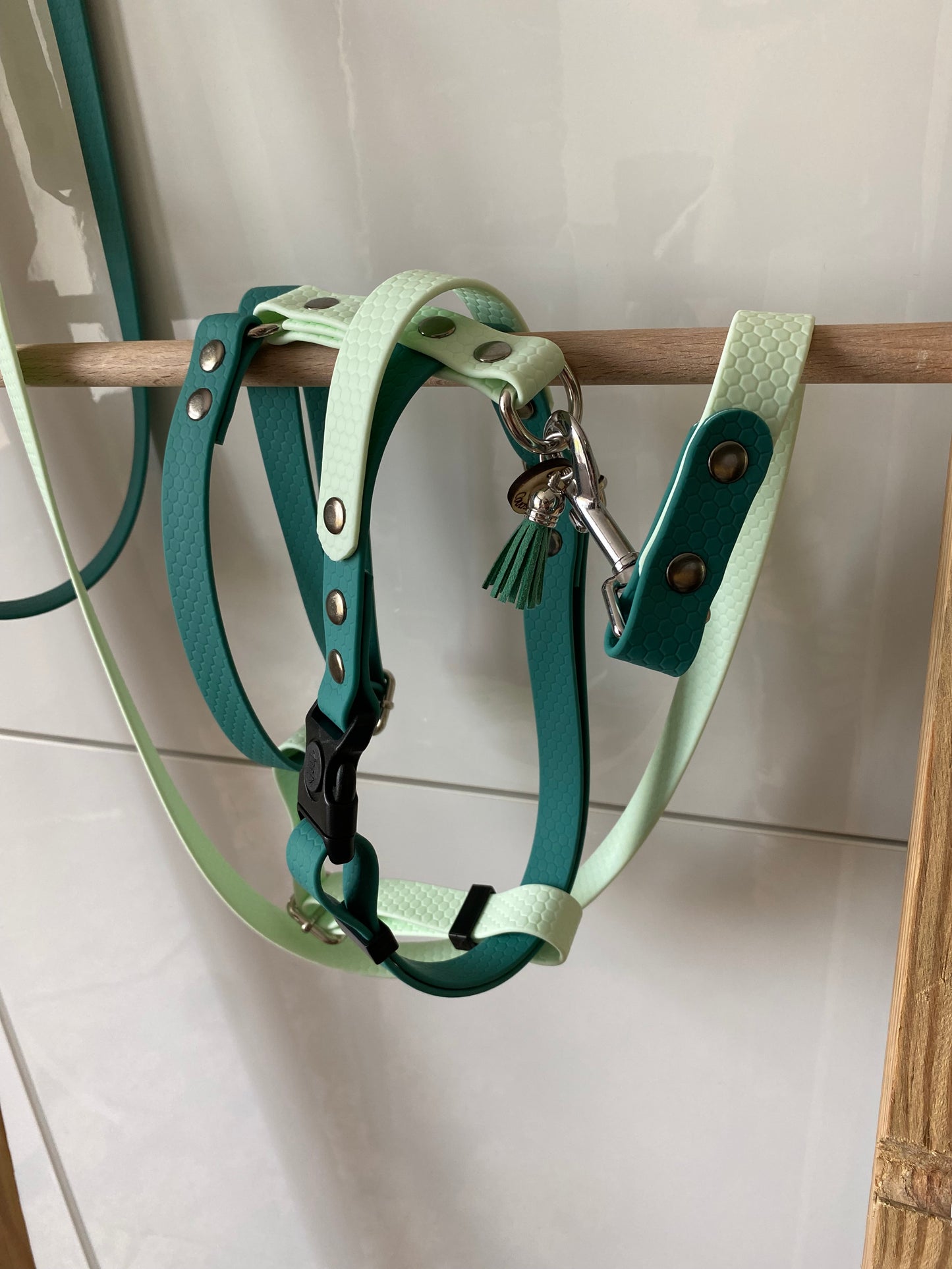 Harnais en H ajustable et imperméable pour chien - vert et vert pale