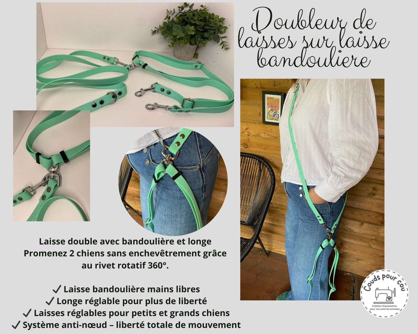 Laisse bandoulière ou longe avec doubleur de laisse