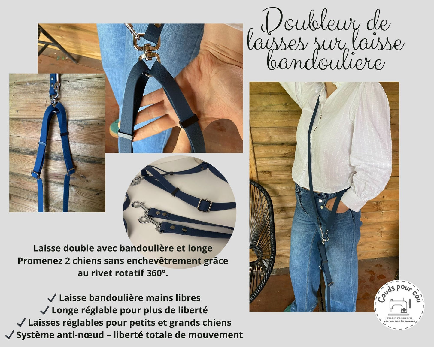 Laisse bandoulière ou longe avec doubleur de laisse