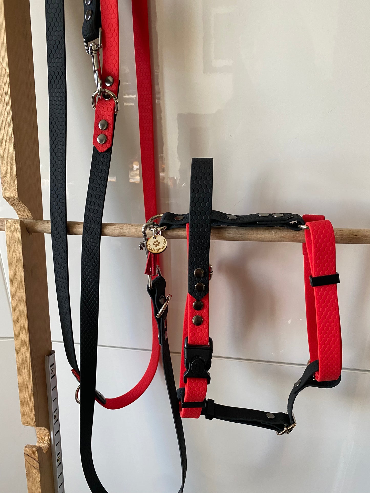 Harnais en H ajustable et imperméable pour chien - noir et rouge