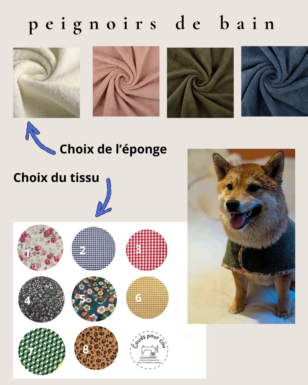 Peignoir pour chien en coton éponge Premium aux choix
