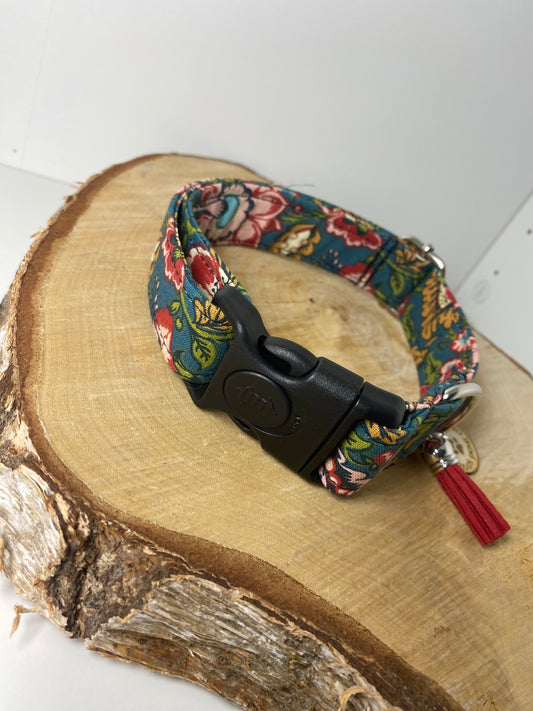 Collier pour chien en tissu – Floral Indien Bleu Paon