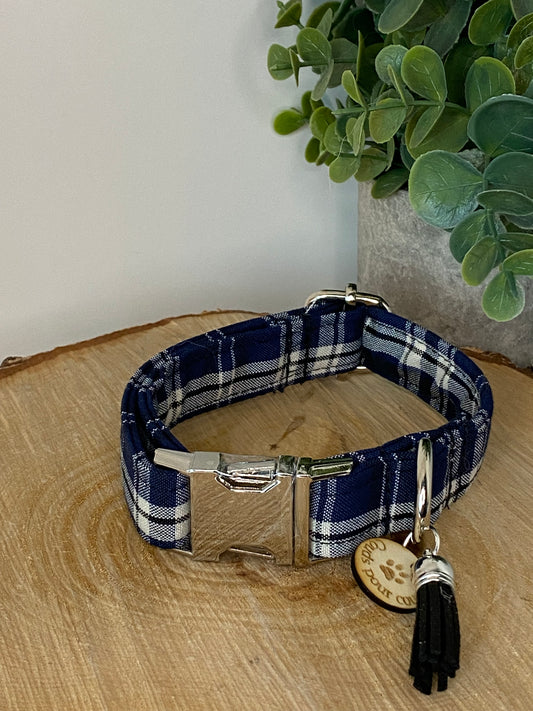 Collier pour chien en tissu – Carreaux Noir et Bleu Marine
