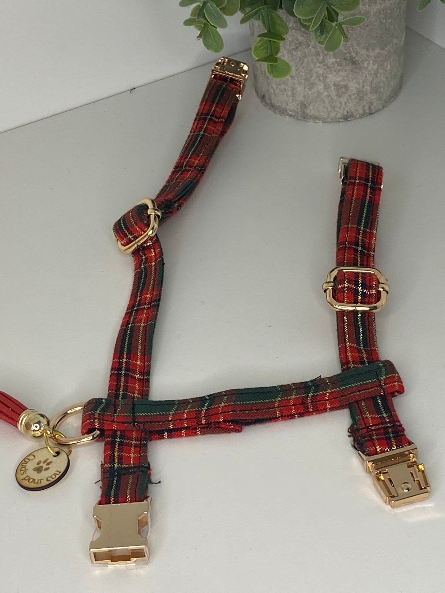 harnais chat ou petit chien reglable écossais rouge