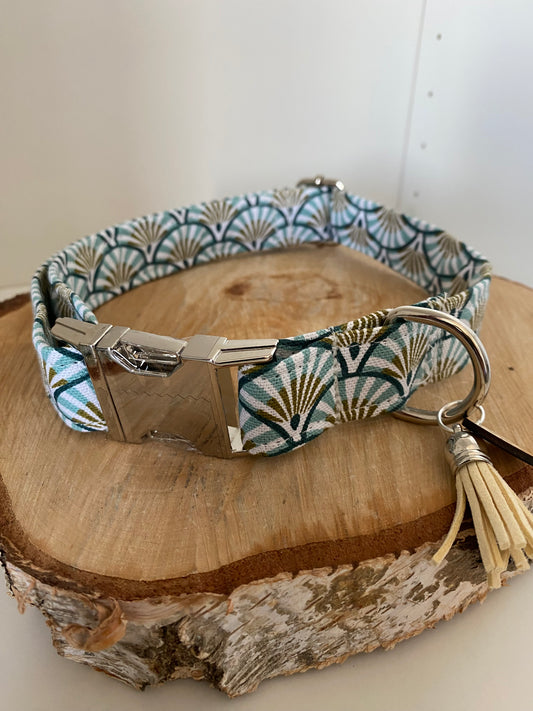 Collier en tissu et sangle pour chien – Réglable et personnalisable éventail bleu ciel et doré