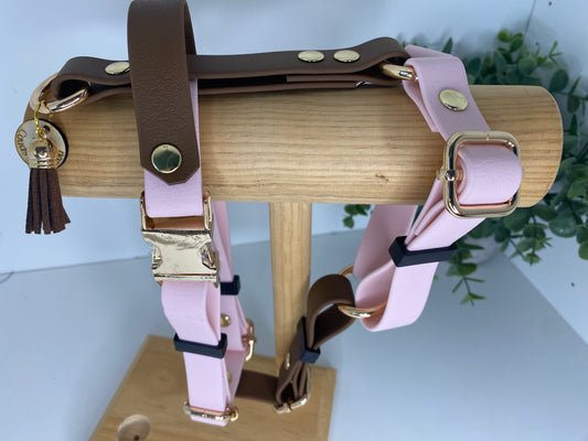 Harnais en H ajustable et imperméable pour chien rose pale et chocolat