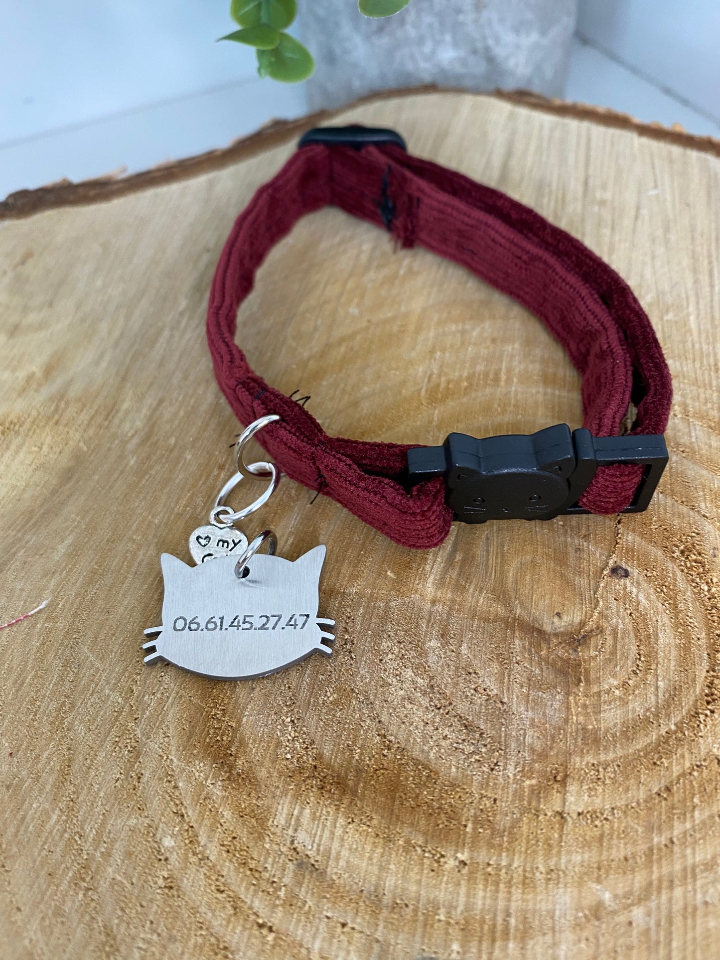 Collier chat anti étranglement velours bordeaux
